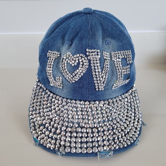 Source Unknown Accessories - LOVE Denim & Rhinestones Classic Distressed Baseball Cap Unisex Adult